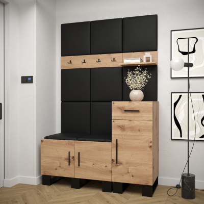 Predsieňová zostava RUMIE 5 - dub artisan, čierne panely z ekokože
