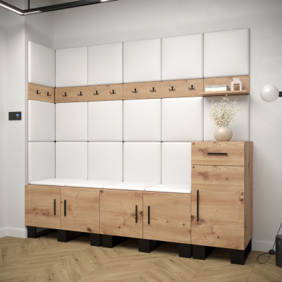 Predsieňová zostava RUMIE 9 - dub artisan, biele panely z ekokože