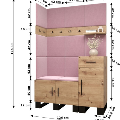 Predsieňová zostava RUMIE 10 - dub artisan, ružové panely