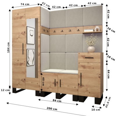 Predsieňová zostava RUMIE 13 - dub artisan, ružové panely