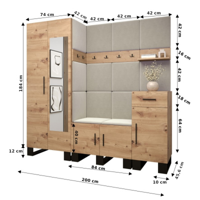 Predsieňová zostava RUMIE 13 - dub artisan, modré panely