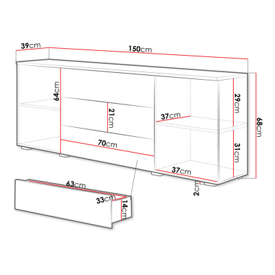 Moderná kombinovaná komoda MERISA 150 - lesklá biela / biela