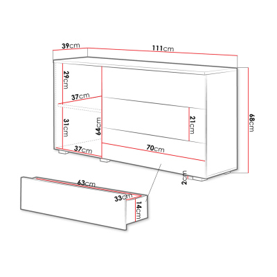 Moderná kombinovaná komoda MERISA 110 - lesklá biela / biela