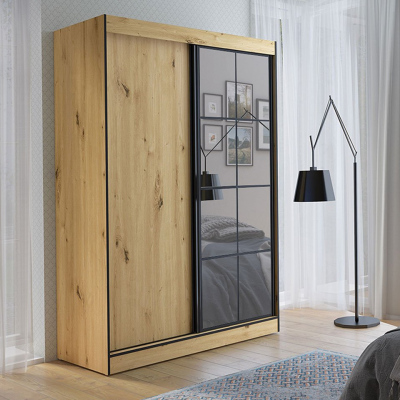 Šatníková skriňa so zrkadlom 150 cm HONG 2 - dub artisan / čierna
