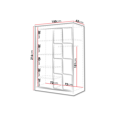 Šatníková skriňa so zrkadlom 150 cm HONG 2 - biela / čierna