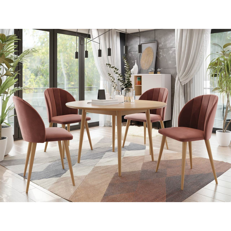 Okrúhly jedálenský stôl 120 cm so 4 stoličkami NOWEN 1 - prírodné drevo / ružový
