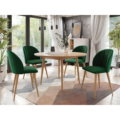 Okrúhly jedálenský stôl 120 cm so 4 stoličkami NOWEN 1 - prírodné drevo / zelený