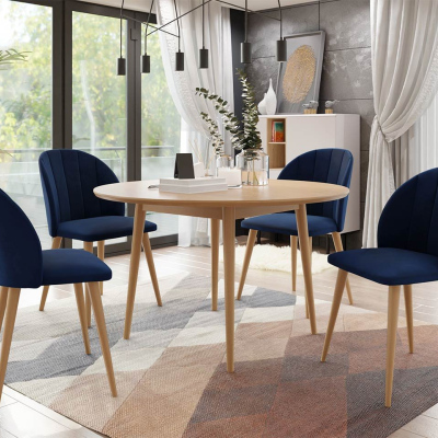 Okrúhly jedálenský stôl 120 cm so 4 stoličkami NOWEN 1 - prírodné drevo / modrý