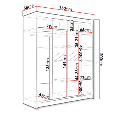 Zrkadlová šatníková skriňa 150 cm s LED osvetlením PIRITU 5 - čierna / dub artisan