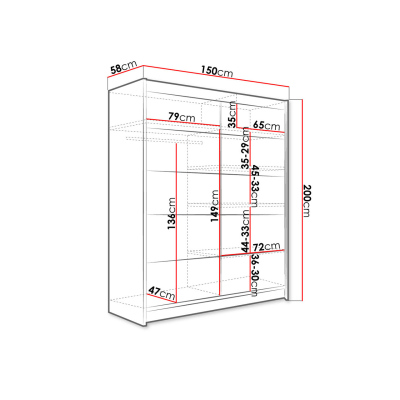 Šatníková skriňa 150 cm s posuvnými dverami a LED osvetlením PIRITU 4 - biela / dub artisan