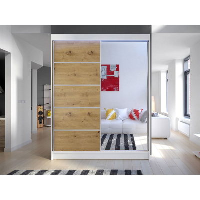 Šatníková skriňa 150 cm so zrkadlom a LED osvetlením PIRITU 3 - biela / dub artisan