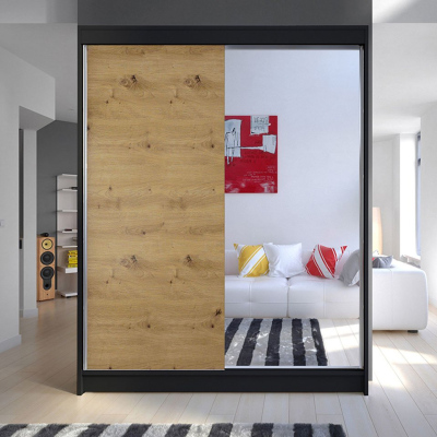 Šatníková skriňa 150 cm so zrkadlom a LED osvetlením PIRITU 1 - čierna / dub artisan