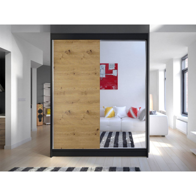 Šatníková skriňa 150 cm so zrkadlom a LED osvetlením PIRITU 1 - čierna / dub artisan