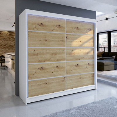 Šatníková skriňa 180 cm s posuvnými dverami a LED RGB osvetlením VILMA 4 - biela / dub artisan