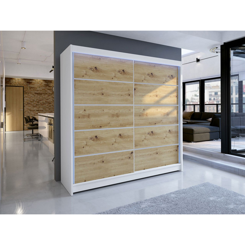 Šatníková skriňa 180 cm s posuvnými dverami a LED RGB osvetlením VILMA 4 - biela / dub artisan