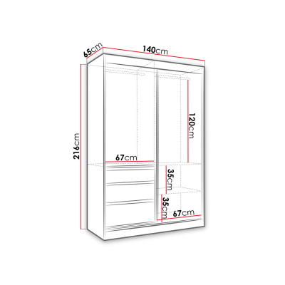 Šatníková skriňa so zrkadlom 140 cm DONG - biela