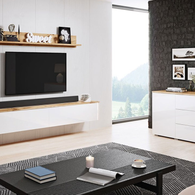 Nábytok do obývacej izby s LED osvetlením ROSARIO - dub wotan / lesklý biely