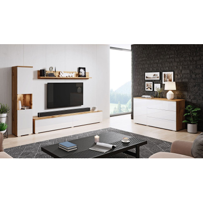 Nábytok do obývacej izby s LED osvetlením ROSARIO - dub wotan / lesklý biely