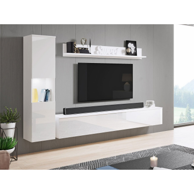 Moderná obývacia stena s LED osvetlením ROSALIO - lesklá biela / biela