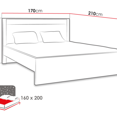 Manželská posteľ s roštom a LED osvetlením 160x200 CHALAPATA - dub kraft biely