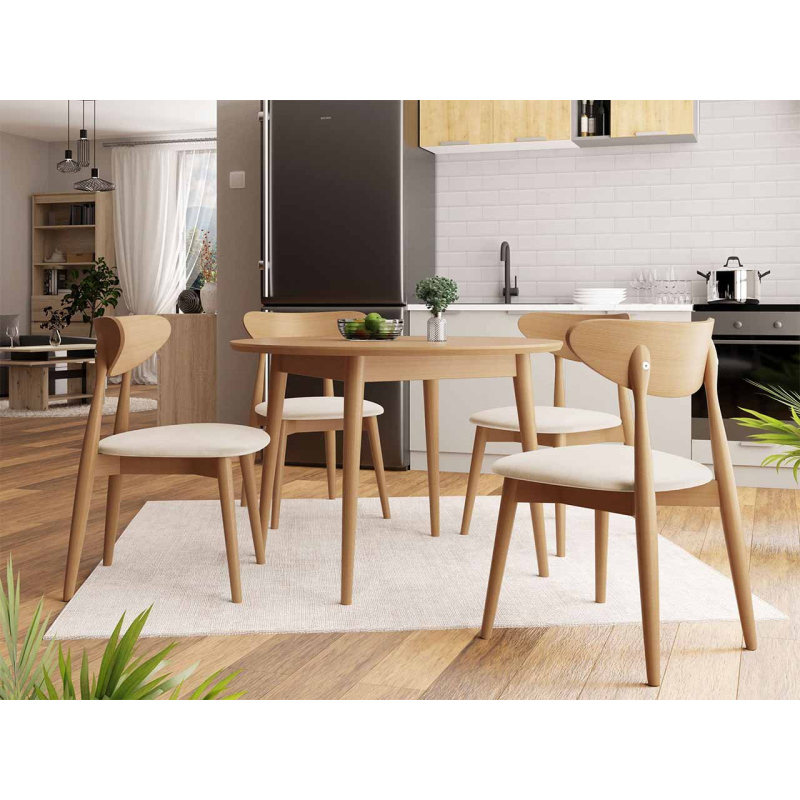 Okrúhly jedálenský stôl 120 cm so 4 stoličkami OLMIO 1 - prírodné drevo / béžový
