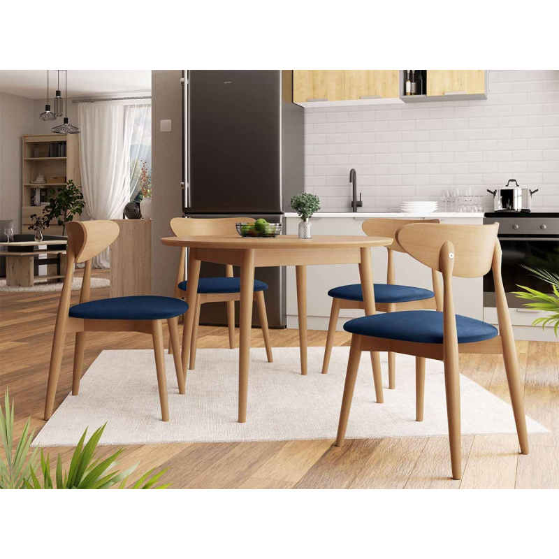 Okrúhly jedálenský stôl 120 cm so 4 stoličkami OLMIO 1 - prírodné drevo / modrý