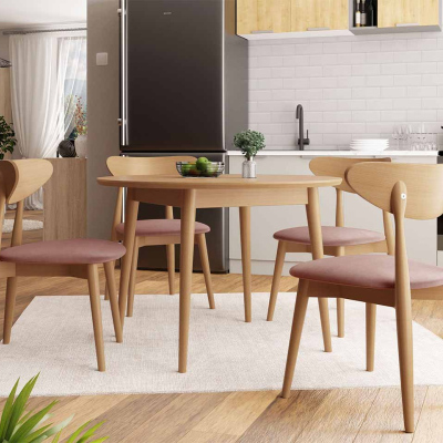 Okrúhly jedálenský stôl 120 cm so 4 stoličkami OLMIO 1 - prírodné drevo / ružový