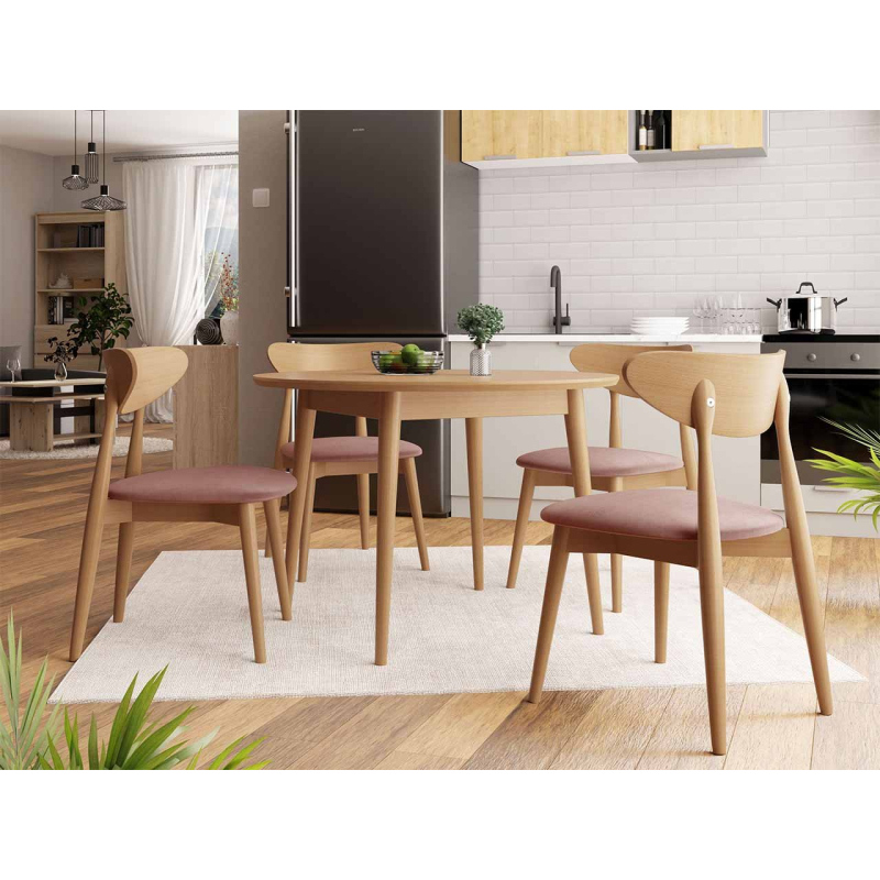Okrúhly jedálenský stôl 120 cm so 4 stoličkami OLMIO 1 - prírodné drevo / ružový