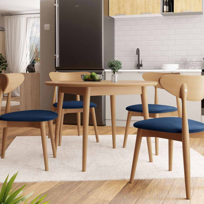 Okrúhly jedálenský stôl 100 cm so 4 stoličkami OLMIO 1 - prírodné drevo / modrý