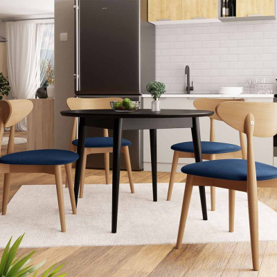 Jedálenský stôl 100 cm so 4 stoličkami OLMIO 1 - čierny / prírodné drevo / modrý