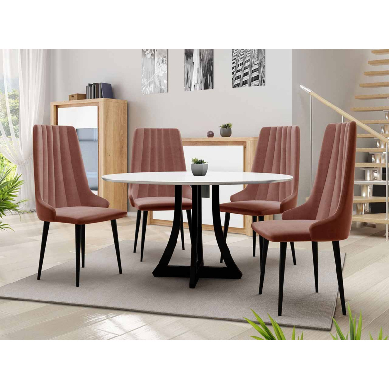 Okrúhly jedálenský stôl 120 cm so 4 stoličkami TULZA 1 - lesklý čiernobiely / ružový
