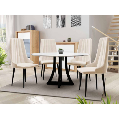 Okrúhly jedálenský stôl 120 cm so 4 stoličkami TULZA 1 - lesklý čiernobiely / béžový