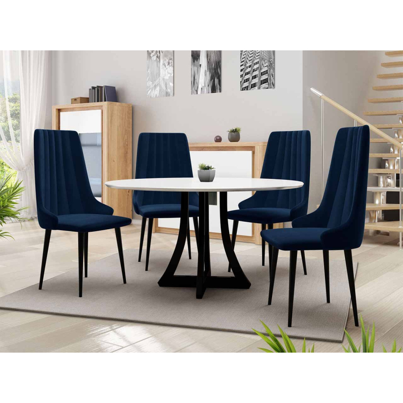 Okrúhly jedálenský stôl 120 cm so 4 stoličkami TULZA 1 - lesklý čiernobiely / modrý
