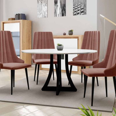 Okrúhly jedálenský stôl 100 cm so 4 stoličkami TULZA 1 - lesklý čiernobiely / ružový