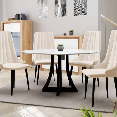 Okrúhly jedálenský stôl 100 cm so 4 stoličkami TULZA 1 - lesklý čiernobiely / béžový