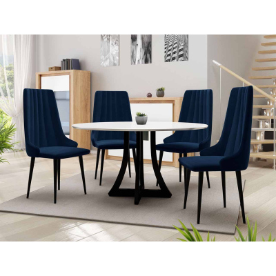 Okrúhly jedálenský stôl 100 cm so 4 stoličkami TULZA 1 - lesklý čiernobiely / modrý