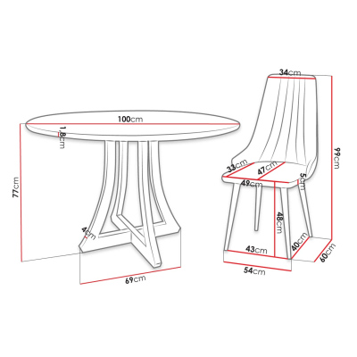 Okrúhly jedálenský stôl 100 cm so 4 stoličkami TULZA 1 - lesklý čiernobiely / ružový