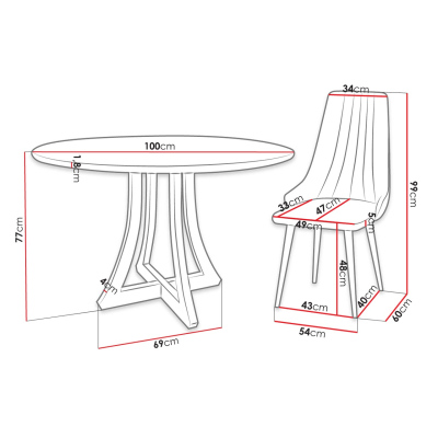 Okrúhly jedálenský stôl 100 cm so 4 stoličkami TULZA 1 - lesklý čiernobiely / čierny