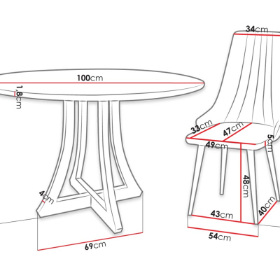 Okrúhly jedálenský stôl 100 cm so 4 stoličkami TULZA 1 - lesklý čiernobiely / šedý