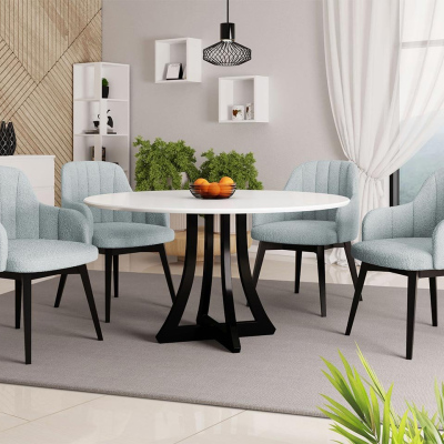 Okrúhly jedálenský stôl 120 cm so 4 stoličkami TULZA 2 - lesklý čiernobiely / modrý