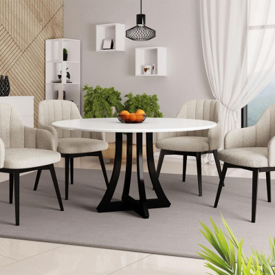 Okrúhly jedálenský stôl 120 cm so 4 stoličkami TULZA 2 - lesklý čiernobiely / krémový