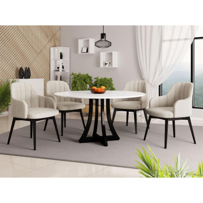 Okrúhly jedálenský stôl 120 cm so 4 stoličkami TULZA 2 - lesklý čiernobiely / krémový
