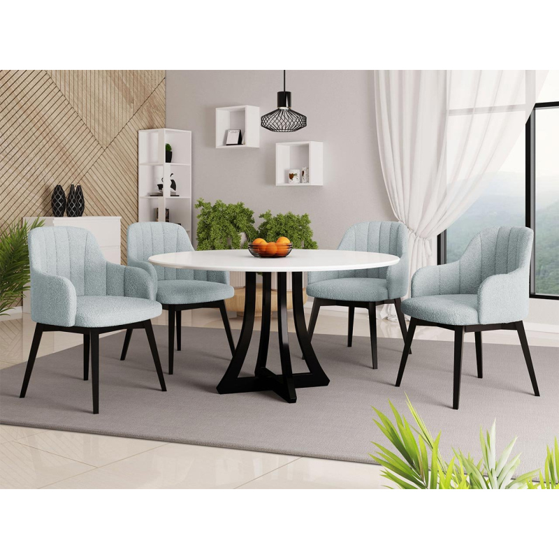Okrúhly jedálenský stôl 100 cm so 4 stoličkami TULZA 2 - lesklý čiernobiely / modrý