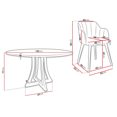 Okrúhly jedálenský stôl 120 cm so 4 stoličkami TULZA 2 - lesklý čiernobiely / šedý