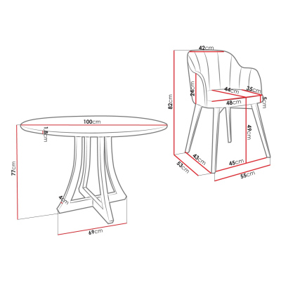 Okrúhly jedálenský stôl 100 cm so 4 stoličkami TULZA 2 - lesklý čiernobiely / modrý