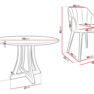 Okrúhly jedálenský stôl 100 cm so 4 stoličkami TULZA 2 - lesklý čiernobiely / šedý