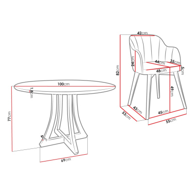 Okrúhly jedálenský stôl 100 cm so 4 stoličkami TULZA 2 - lesklý čiernobiely / šedý
