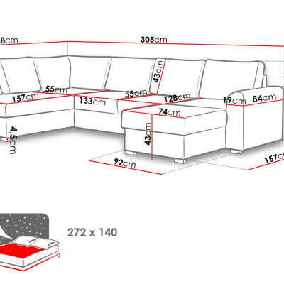 Sedačka do U na každodenné spanie TUCSON 1 - čierna / červená, pravý roh