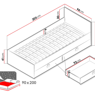 Jednolôžková posteľ do študentskej izby 90x200 BASHIRA - dub / biela