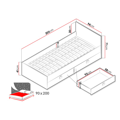 Jednolôžková posteľ do študentskej izby 90x200 BASHIRA - dub / biela